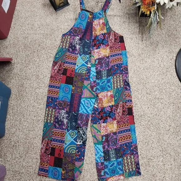 3660 Size XL Boho Print Cotton/ Polyester Over Alls with Adjustable Button Strap - Picture 5 of 8